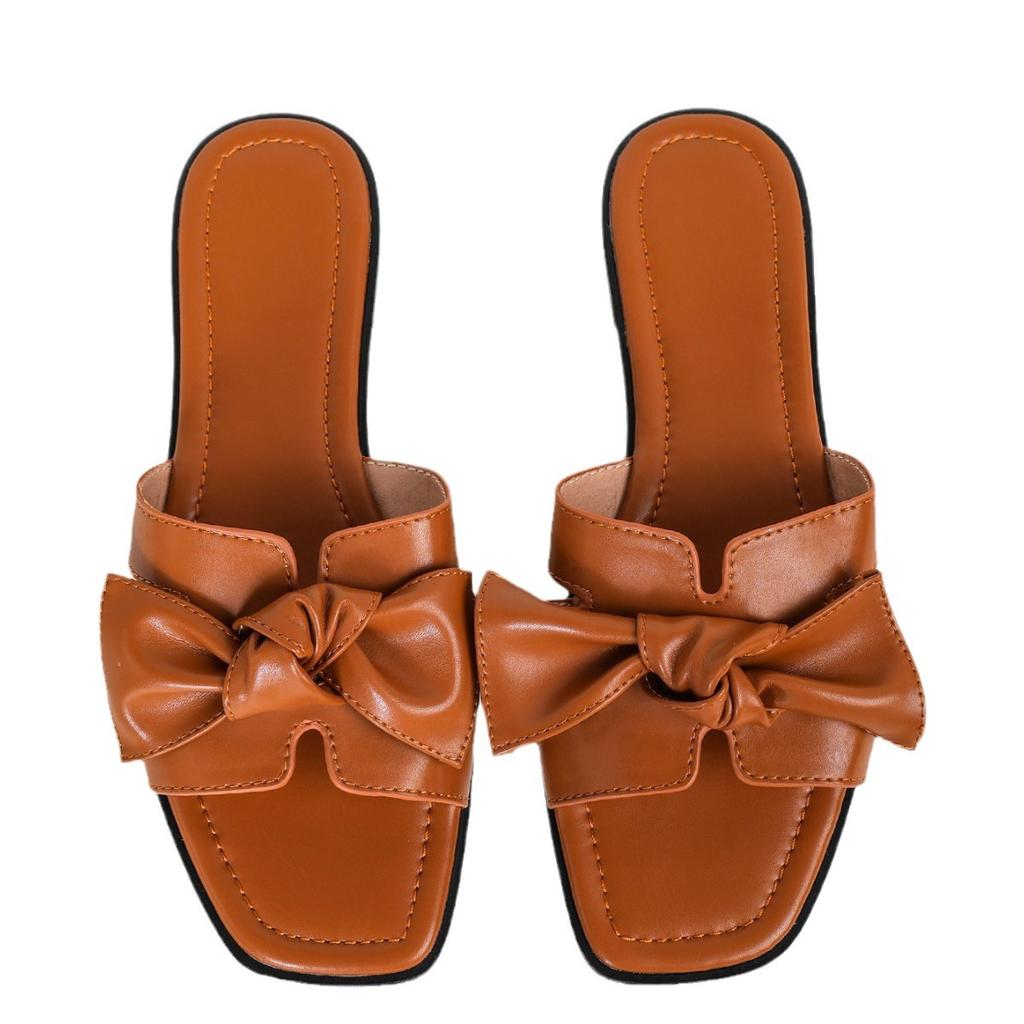 New Luxury Women's Exquisite Slippers Summer Brown Bow Decoration Comfortable Anti slip Square Head Flat Bottom Cool Slippers