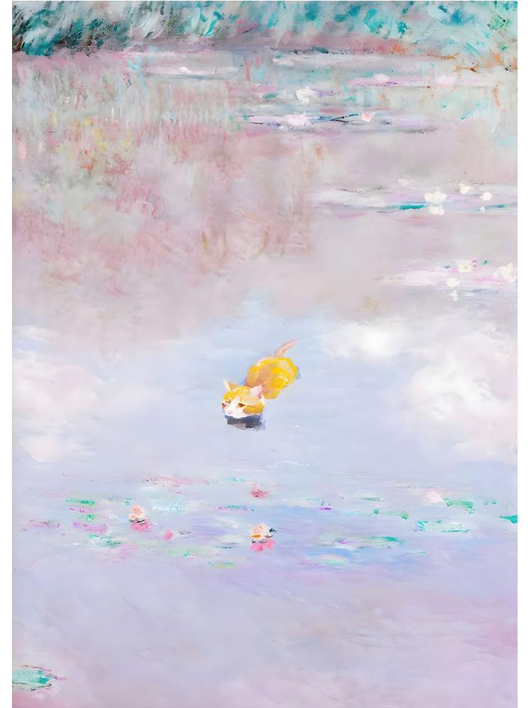 

Забавный кот в пруду Клод Моне, художественный постер для отдыха, холст, картина, милое животное, настенное искусство для спальни, украшение дома 21x30cm No Frame