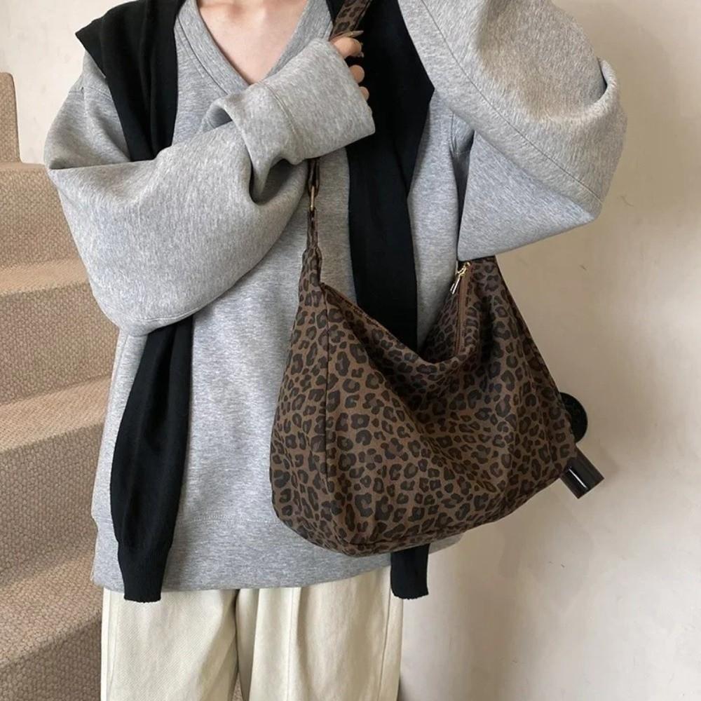 Casual Soft Textile Women's Shoulder Bag Large Capacity Adjustable Strap Leopard Print Bag Tote Handbag