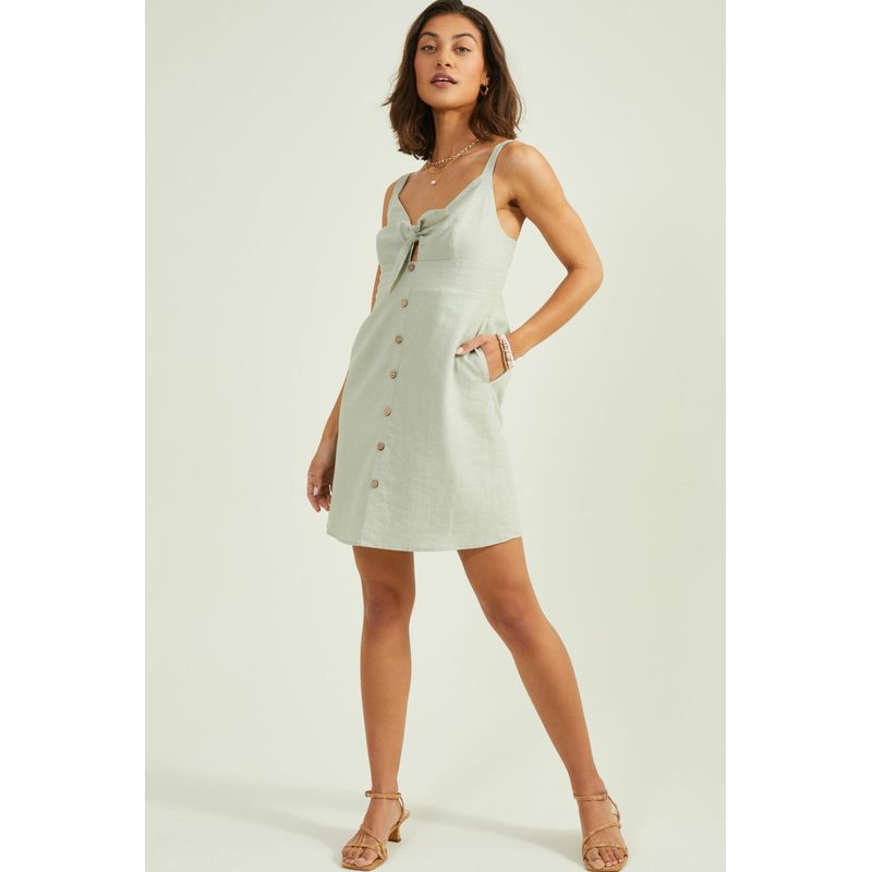 

Meipai Sweetheart as Retro Buckle Linen Short Dress USD 69 Light Bean Green L