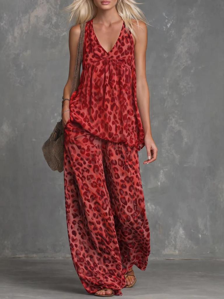 European Leopard Print Sleeveless Top & Chiffon Wide-Leg Pants Set for Women