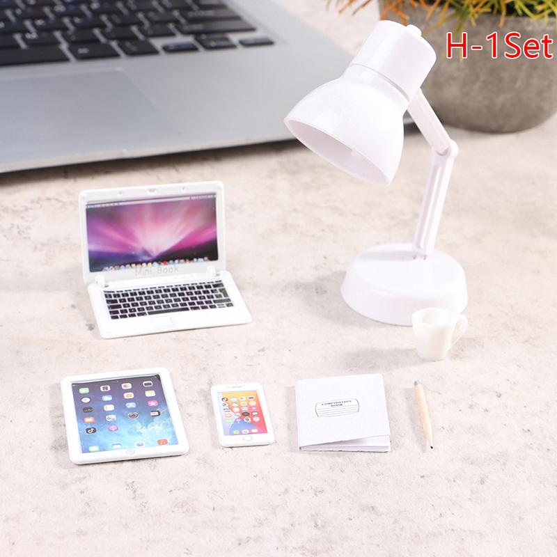 1:12 Dollhouse Miniature Laptop Phone Tablet Desk Lamp Book Desk Set Decor Toy