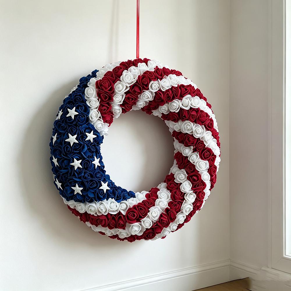 Artificial Luxury American Independence Day Handmade Flag Rose Foam Flower Wreath for Christmas Home Wedding Decoration 30cm