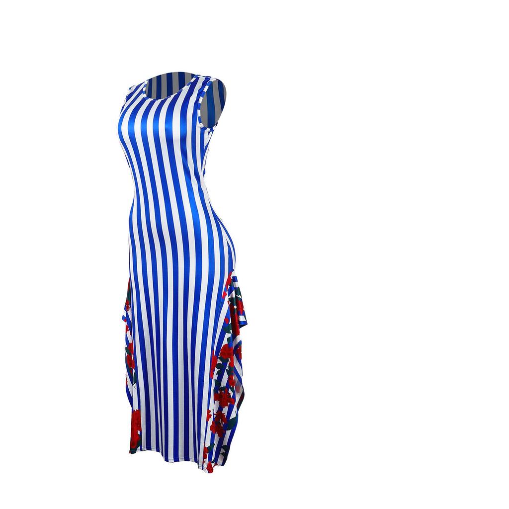 European & American Women's Sleeveless Striped Ruffle Print Dress