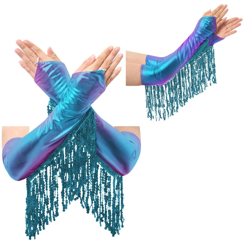 Adult Elbow Length Fingerless Gloves: Sparkling Sequined Tassel Design, Metallic Shiny Stage Opera Cosplay & Party Mittens