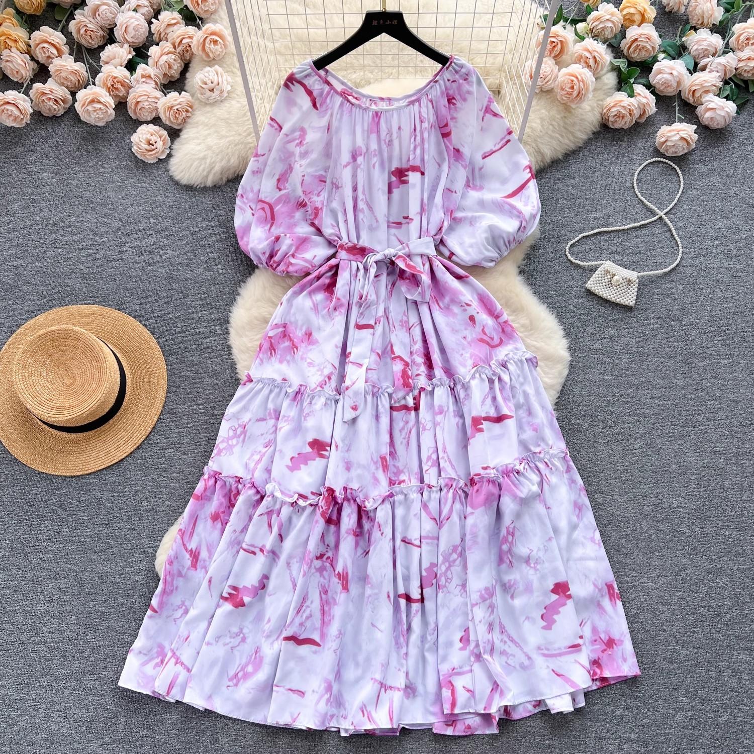 

Стиль знаменитостей с короткими рукавами и принтом, длинное платье трапециевидной формы с рюшами и краями, летнее платье One Size фиолетовый