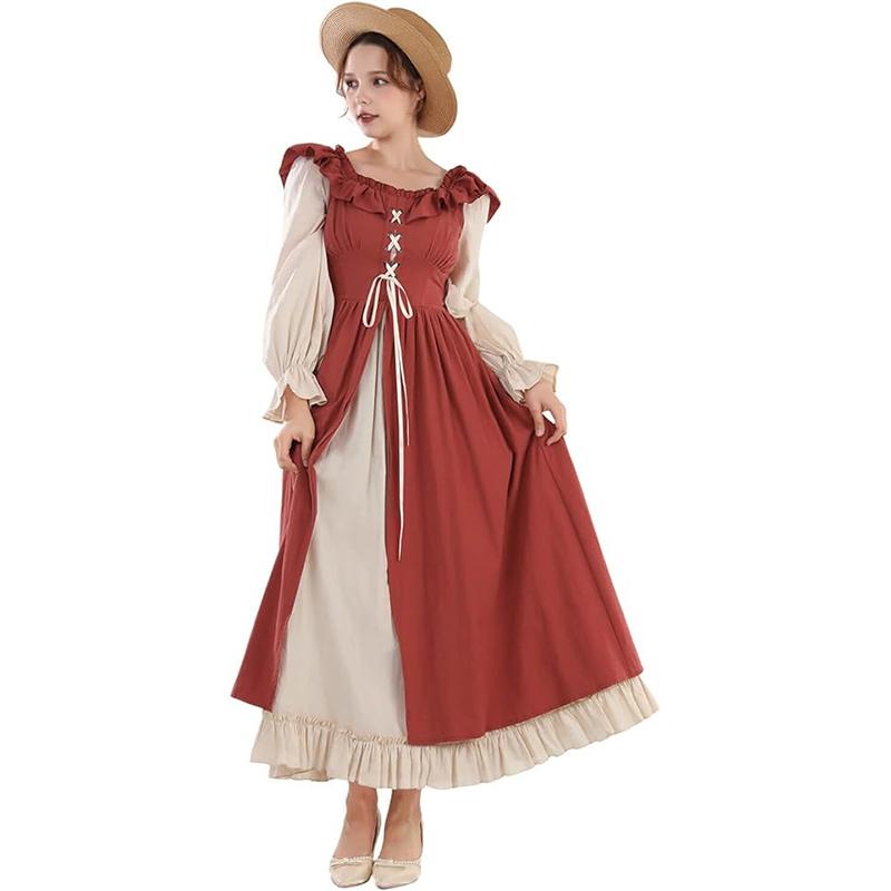Abito lungo rinascimentale medievale, abito da fata con maniche lunghe a bolla con spalline a contrasto, abbigliamento vintage da donna, festa di Halloween, costumi per eventi pastorali