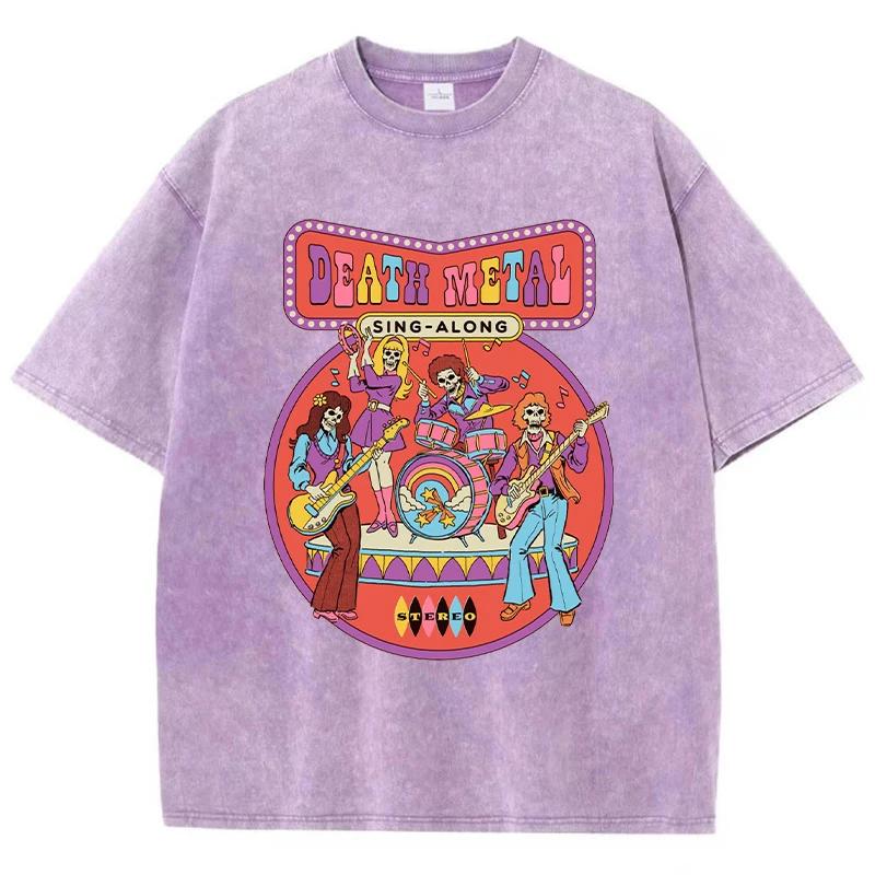 Death Metal Print Female Washed Tshirts Breathable Casual T-Shirts Cool Short Sleeve Soft Loose Distress T-Shirt Women