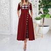 Women's Plaid Patchwork Round Neck Half Sleeve Side Button Split Loose Long Maxi Dress
