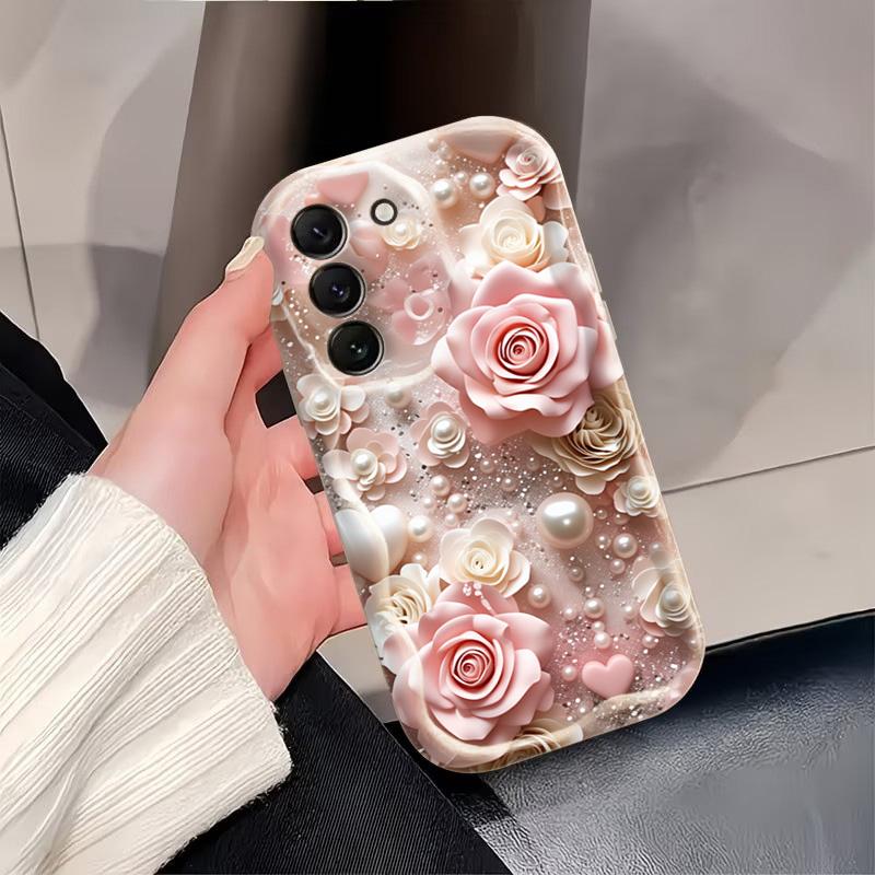 Phone Case For Samsung Galaxy S26 Ultra S25 S24 S22 S23 Plus FE A56 A55 A37 A36 A27 A26 A16 Pink Rose Flowers Cream Soft Cover