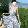 Thailand Travel Photo Slanted Shoulder Dress Niche Design Temperament Waist Skirt Sanya Vacation Beach Dress