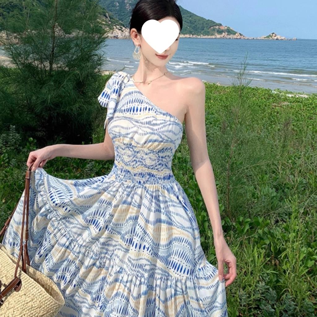 Thailand Travel Photo Slanted Shoulder Dress Niche Design Temperament Waist Skirt Sanya Vacation Beach Dress