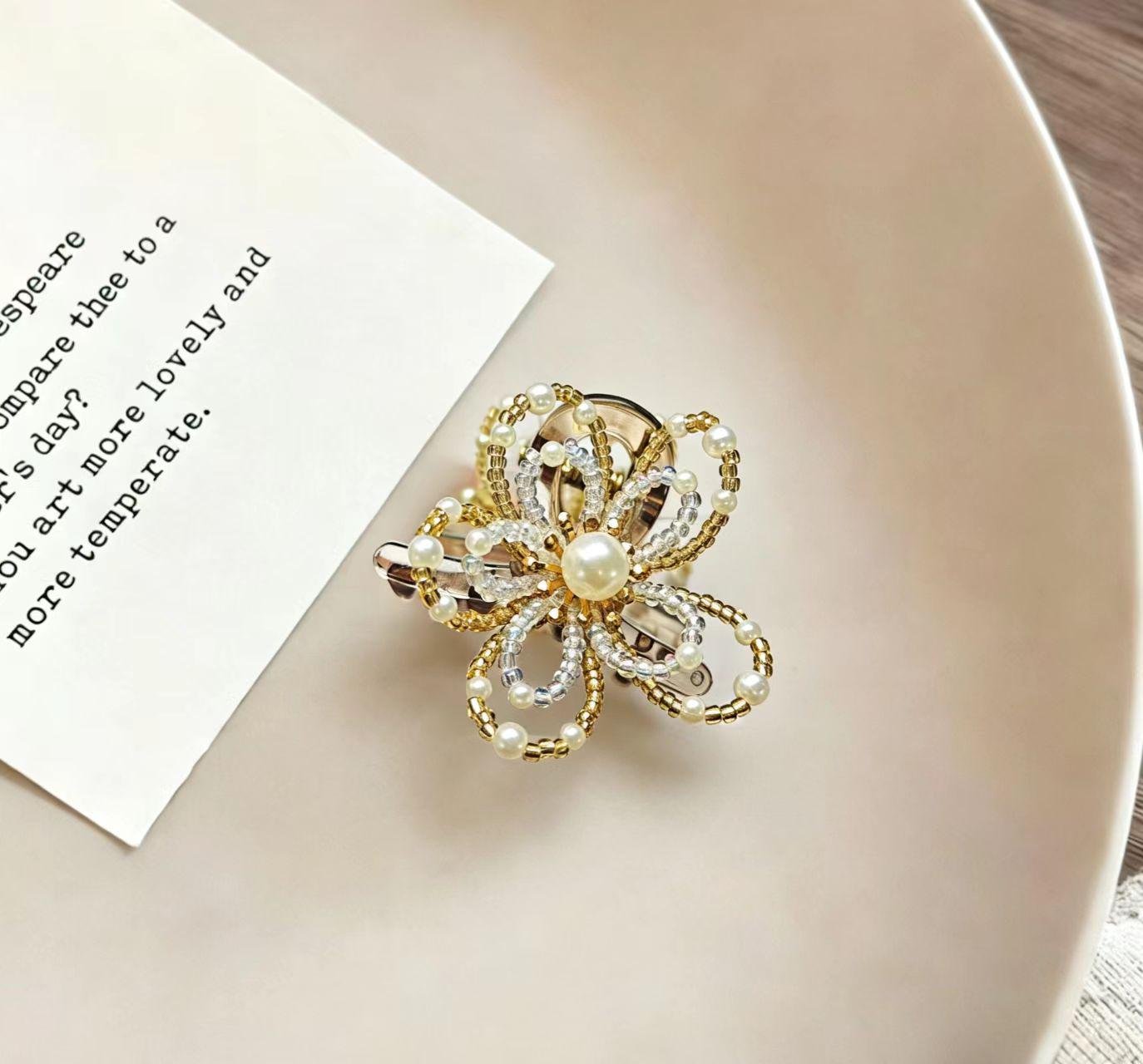 Elegant Double Layer Beaded Flower Hair Clip, Handmade Romantic Hair Accessory, 4cm Claw Clip