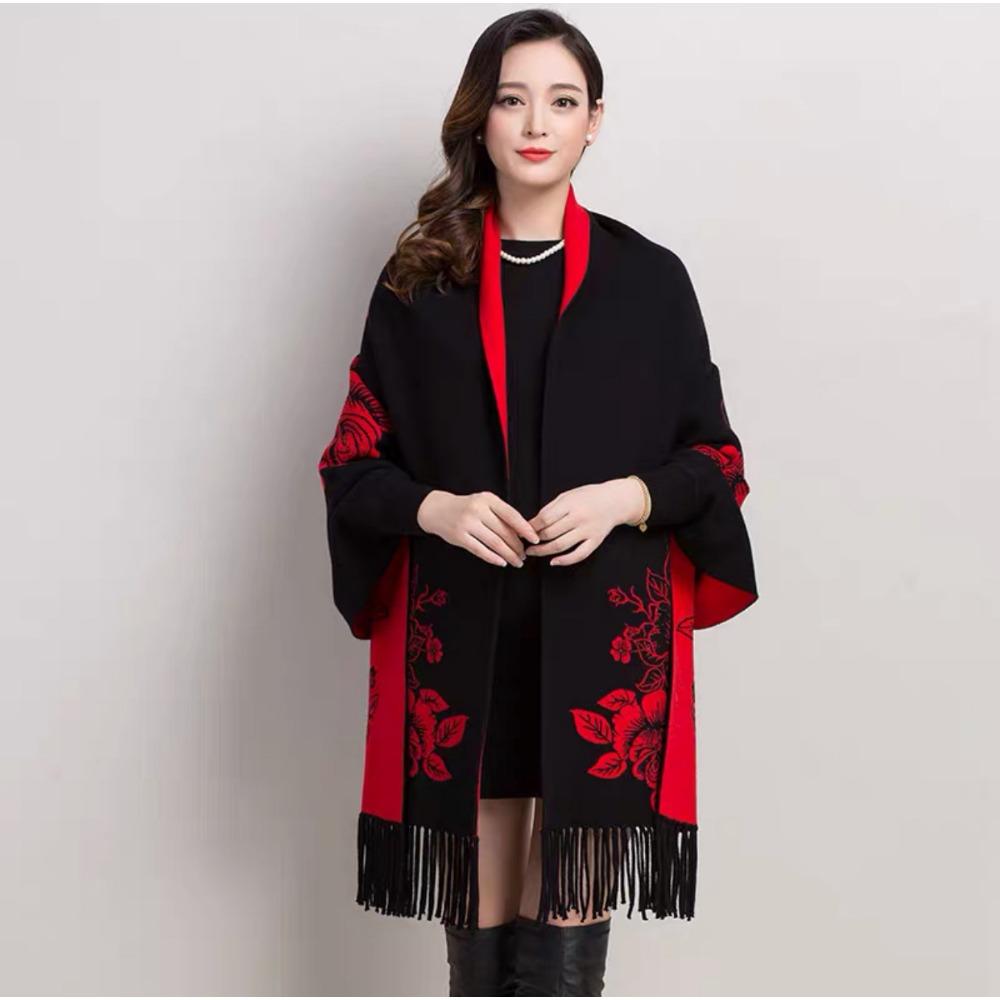Large Size Double Sided Jacquard Tassel Knitted Shawl Cape Bat Sleeve Sweater Jacket 0108 #