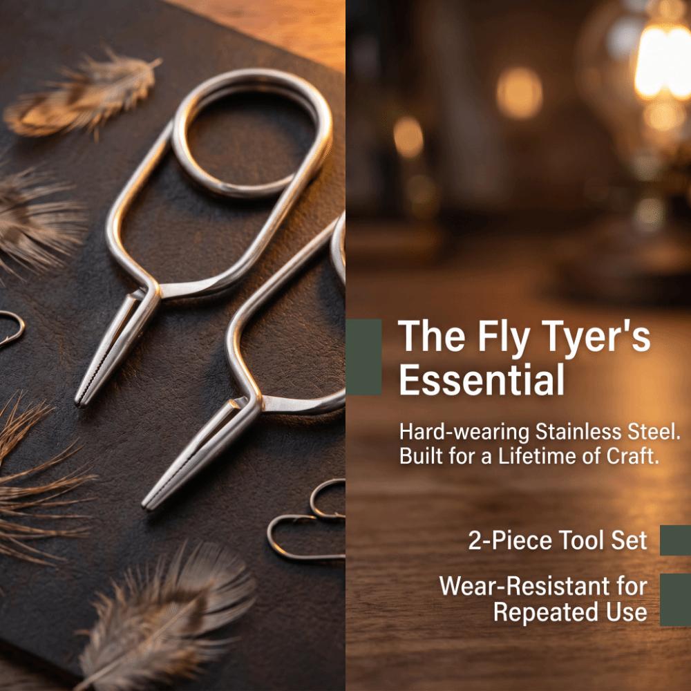 2PCS Stainless Steel Fly Tying Pliers Threaded Clamps Hackle Pliers Fly Fishing Pliers  Fly Tying