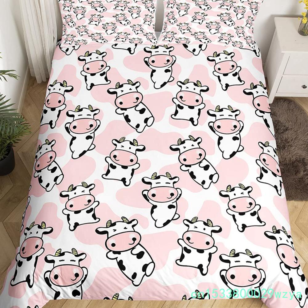 Süt İneği Desenli Yatak Örtüsü Seti King Queen Hayvanlar Temalı Yorgan Kılıfı Çikolata Kahvesi Nevresim Kılıfı Sevimli Kawaii Sığır Yorgan Kılıfı