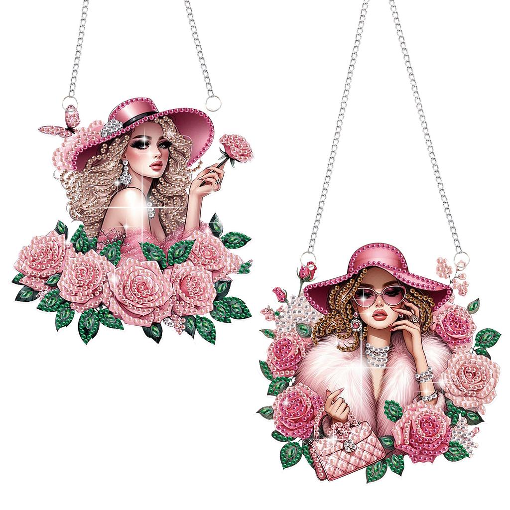 2Pcs Girl Theme 2D/Flat DIY Rhinestone Diamond Art Window Pendants Crystal Painting Ornament Window Hanging Art for Home Decor