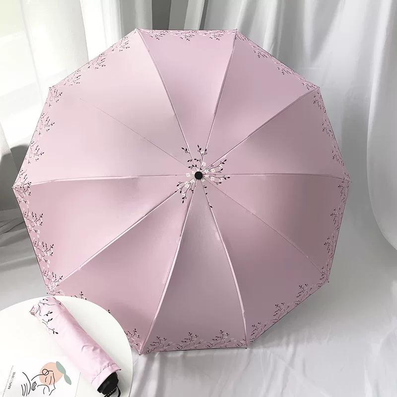 Ten-Bone Large Double Umbrella Small Fresh Sun Umbrella Vinyl Sun Protective Sun Shade Rain Dual-Use Triple Folding Umbrella Female Manual