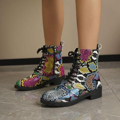 Large Casual Thick Soles Snow Boots Autumn Winter Lace Up Middle Tube PU Martin Boots Printed Multiple Colors Shoes 35-43