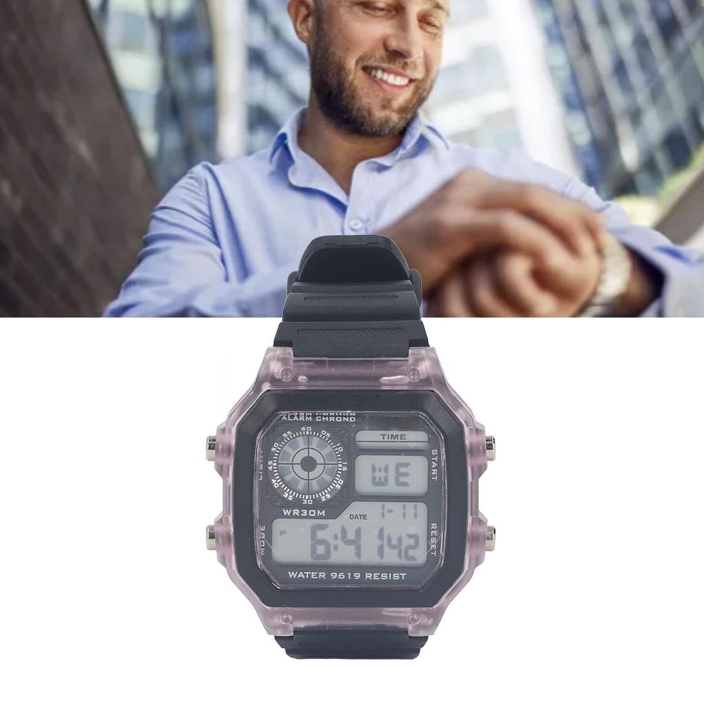 Electronic Sports Watch 12 24 Hours Waterproof Digital Wrist Watch with Luminous Alarm Timing Function Transparent Purple