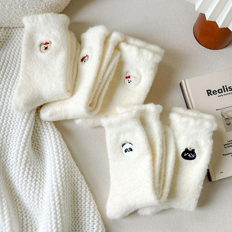 Cute Animal Cartoon Mink Fleece Socks White Middle Socks Thick Warm Home Floor Socks Girly  Versatile Accessory Sock Gift