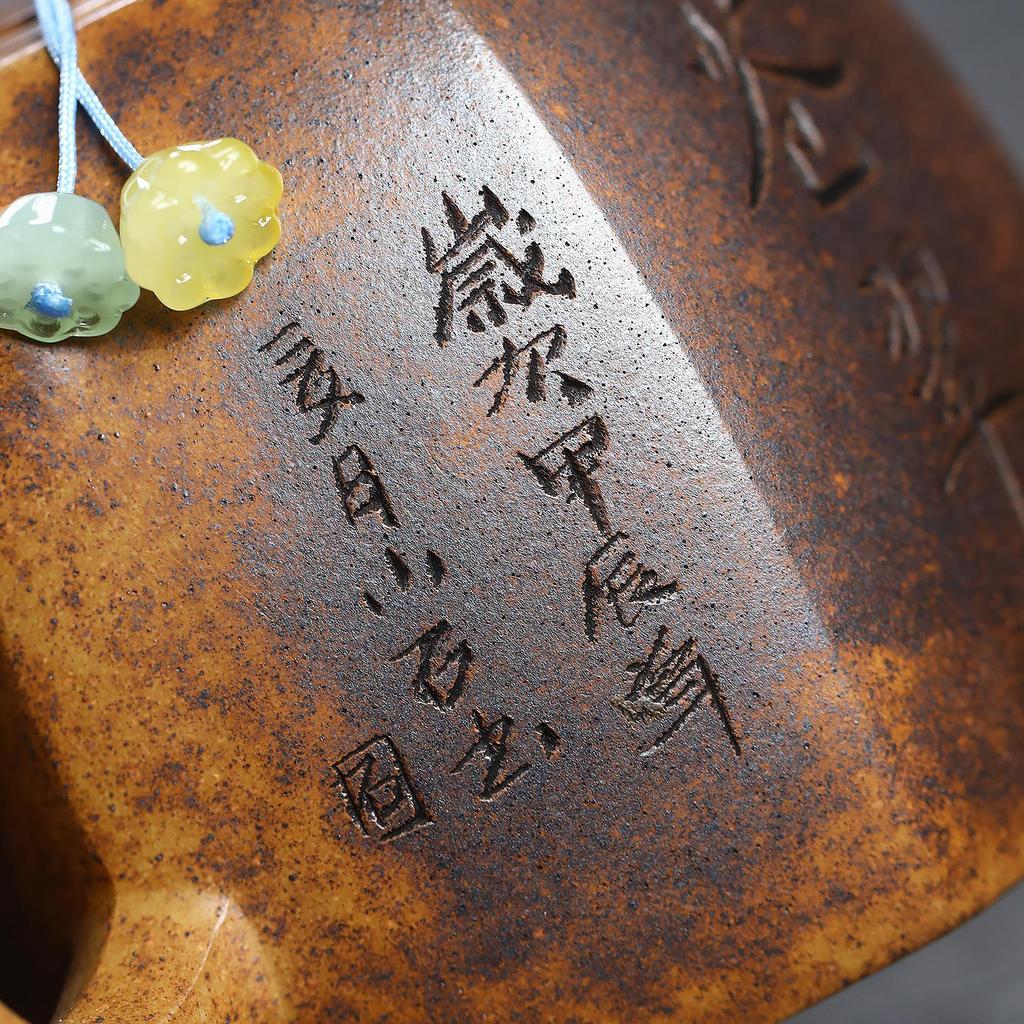 Yixing Zisha Teapot: Semi-Handmade Hexagonal Pine Carving with High Temperature Gold Sand Finish