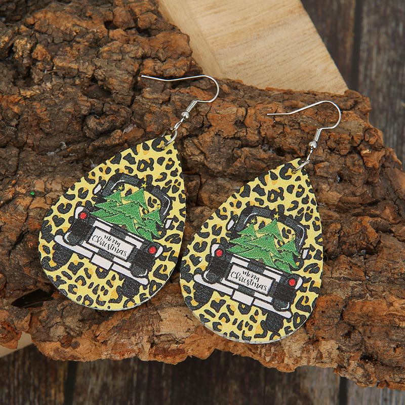 European & American Christmas Leopard Print Car Decoration Tree Earrings for Women