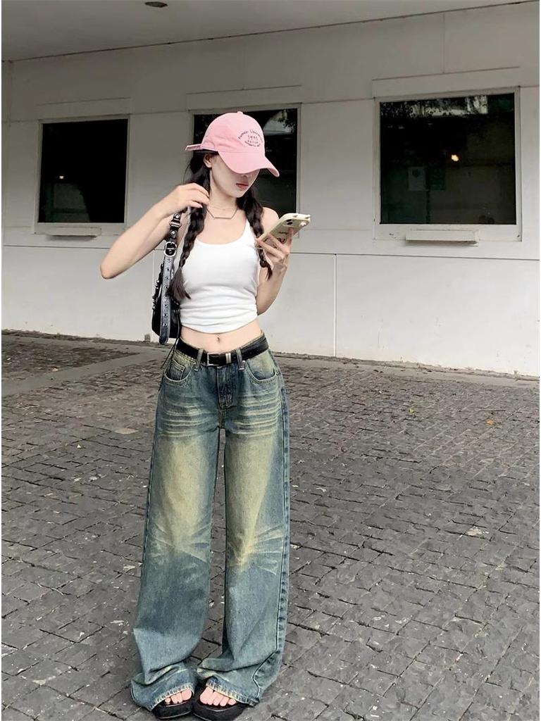 Plus Size Retro Distressed Low Waist Straight Jeans for Women - Autumn Loose Fit Wide Leg Trousers