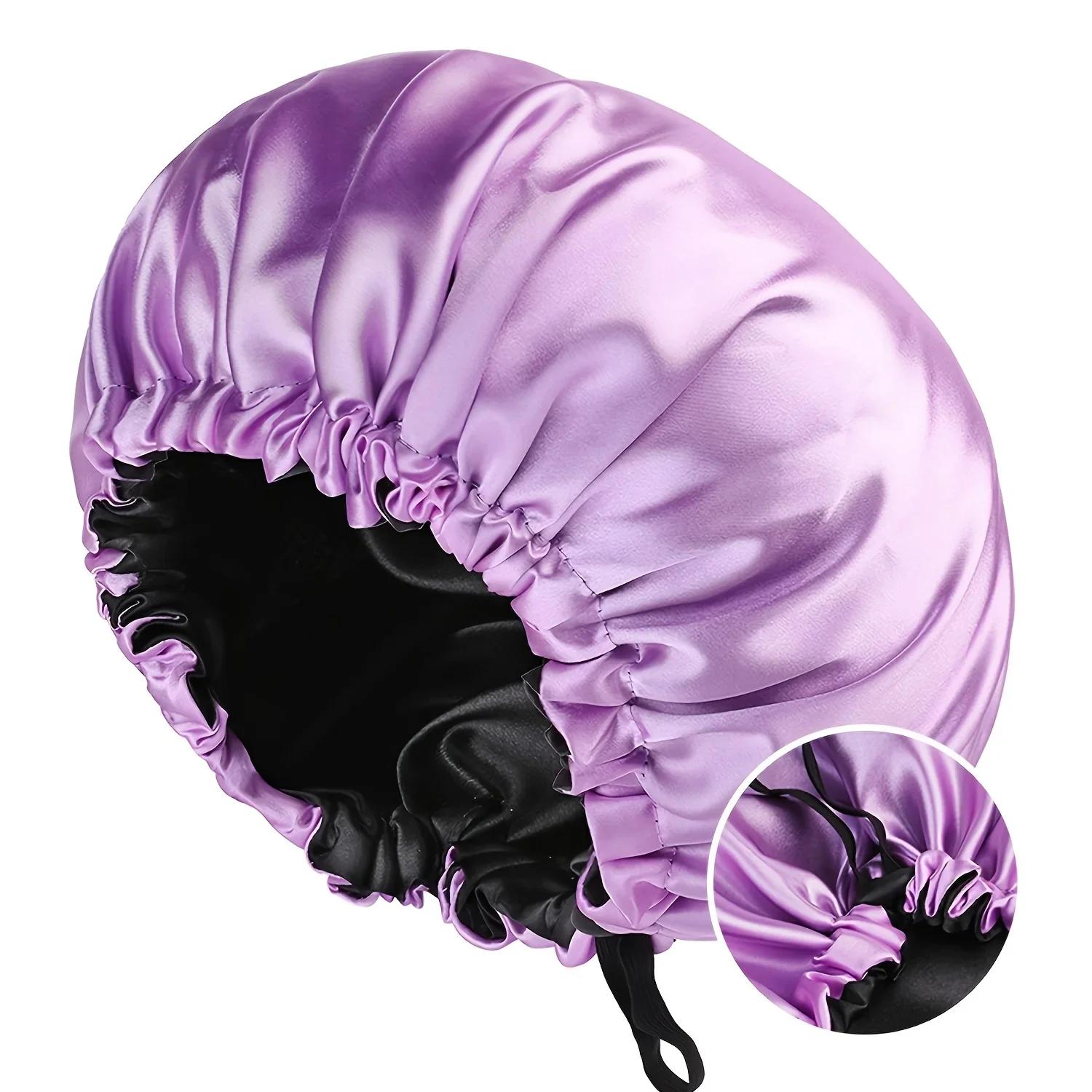 

Women s Fashion Bonnet Soft Silk Smooth Double Layered Button Adjustable Hair Hat for Daily Home Comfortable Sleep Hat светло-фиолетовый