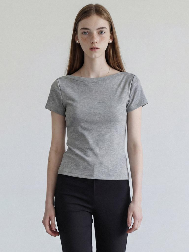STAY WITH ME Soft Boat Neck Slim T-Shirt_Grey