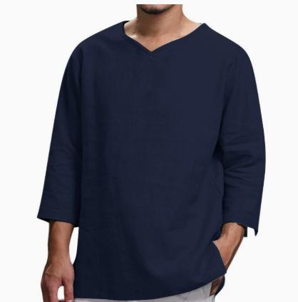 Men s long-sleeved V-neck cotton and linen loose-fitting shirt L синий