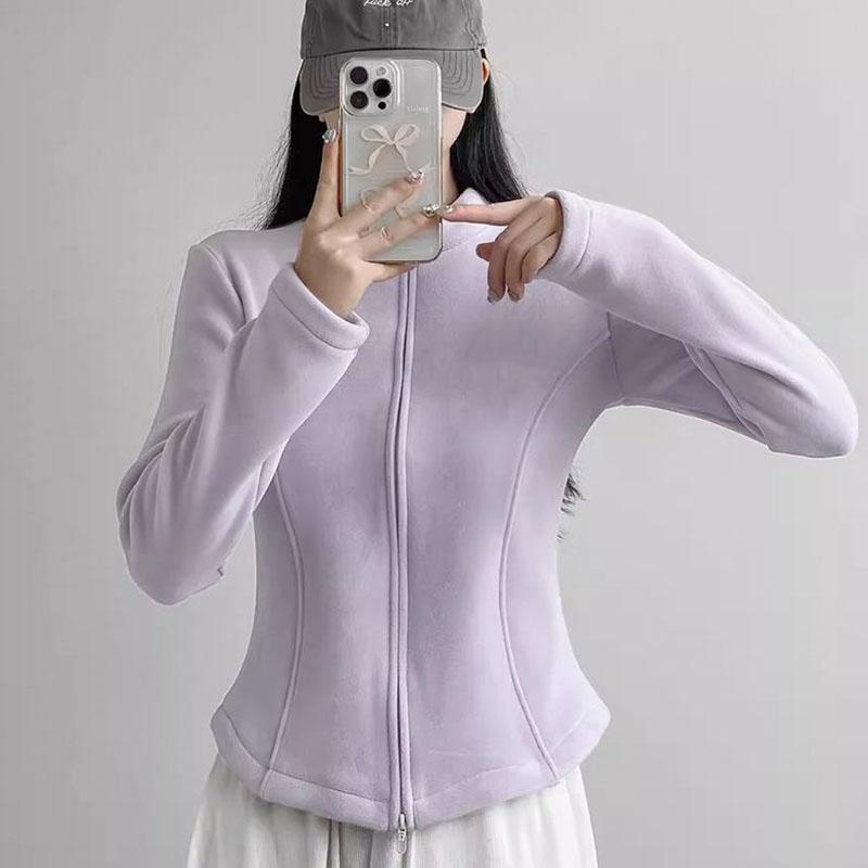 Women Stand Collar Fleece Jacket Lady Girls Zip-up Sport Style Yoga Jacket Solid Cardigan Jacket