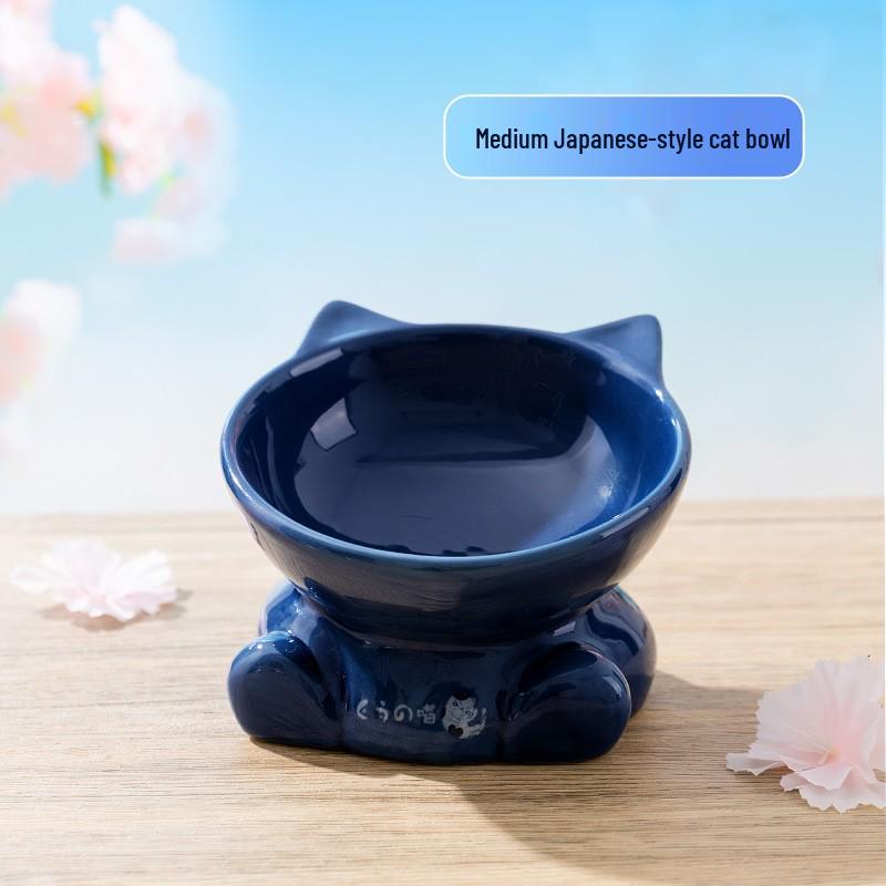 Cute Blush Bear Ceramic Pet Bowl - Slanted Large Diameter Bowl for Cats and Dogs