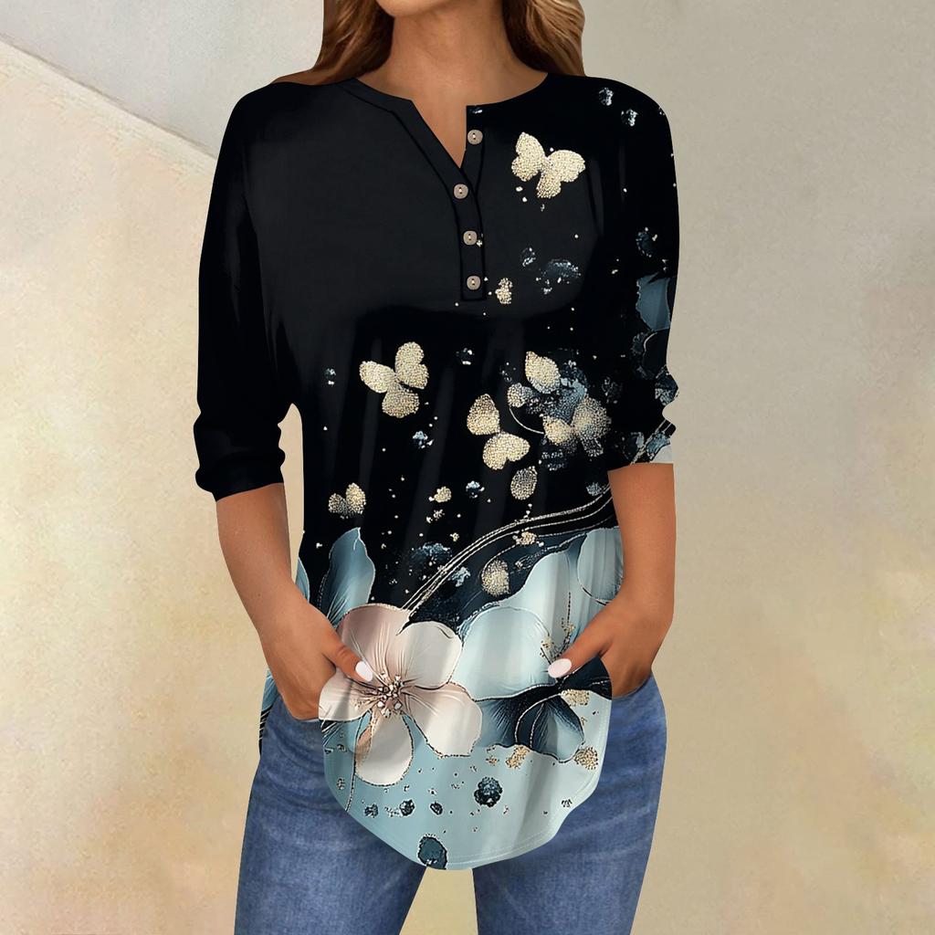 Damska Moda Luźny Kołnierzyk na Guziki Nadruk Rękaw 3/43/4 T-Shirt Top Pulower