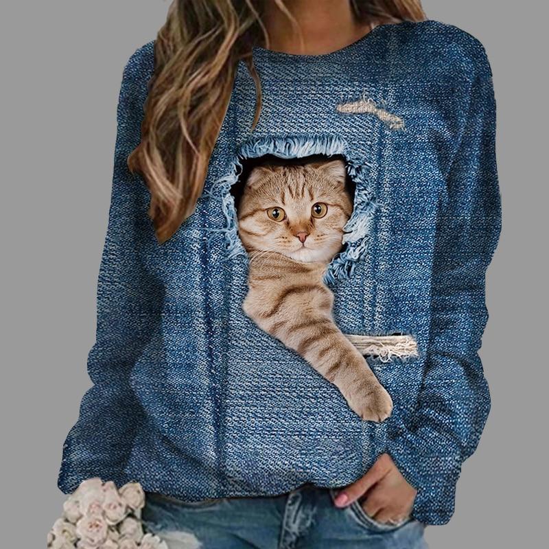Autumn High Quality Women's Round Neck Long Sleeve 3D Printed Pet Cat Pattern Fashion Casual Women's Plus Size XXS-6XL
