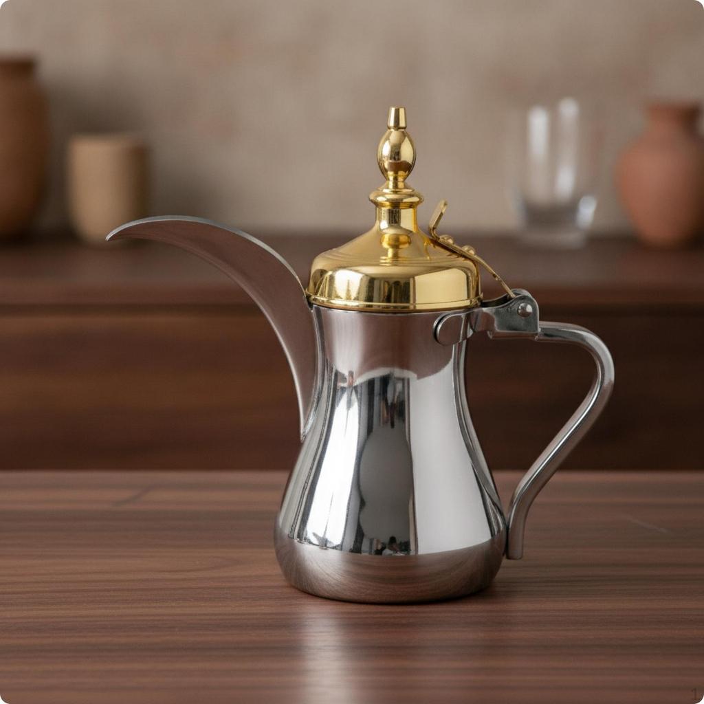 Traditional Arabic Coffee Pot | Stainless Steel Construction, Long Curved Pouring Spout, for Dinner