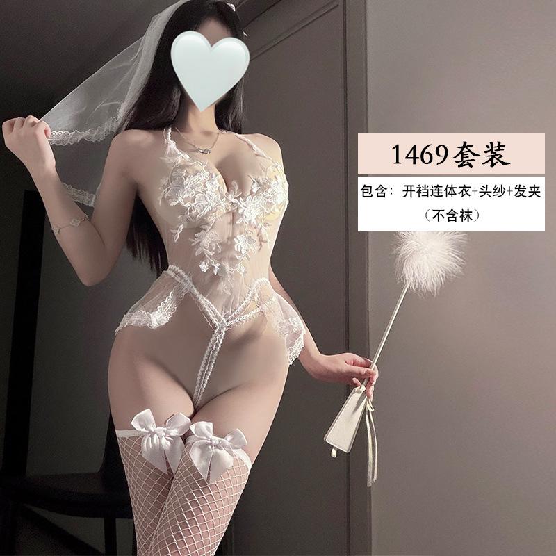 Erotic Underwear Sexy Embroidered One-piece Dress for Brides Seductive See-through Pajama Set 1469