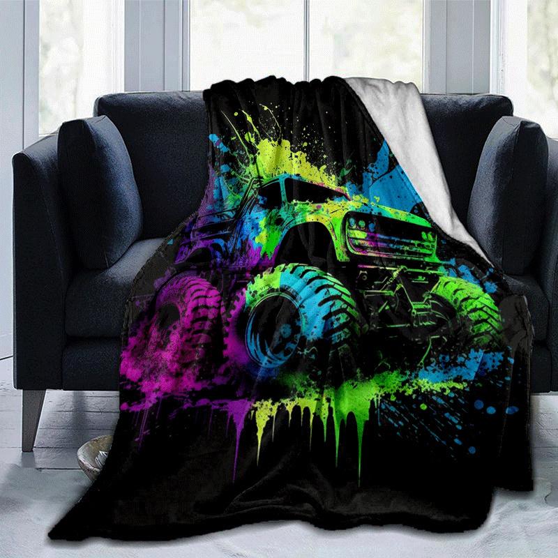 1pc Monster Truck Printing Lightweight Flannel Blanket, Comfortable and Warm Blanket,  Sofa Bed and Couch Office, Suitable for Gift Blankets