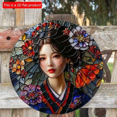 2d Flat 20*20cm, Round Wooden Wall Sign Poster, Vibrant Woman Japanese Kimono Decorative Art, for Home, Kitchen, Garden, Bedroom, Bar Decor.