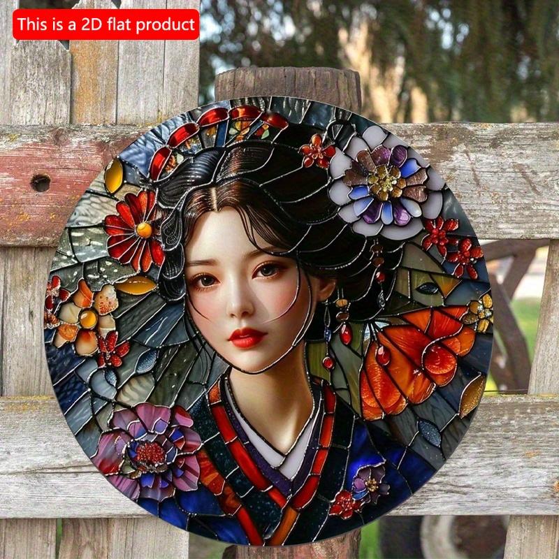 

2d Flat 20*20cm, Round Wooden Wall Sign Poster, Vibrant Woman Japanese Kimono Decorative Art, for Home, Kitchen, Garden, Bedroom, Bar Decor. 20*20cm