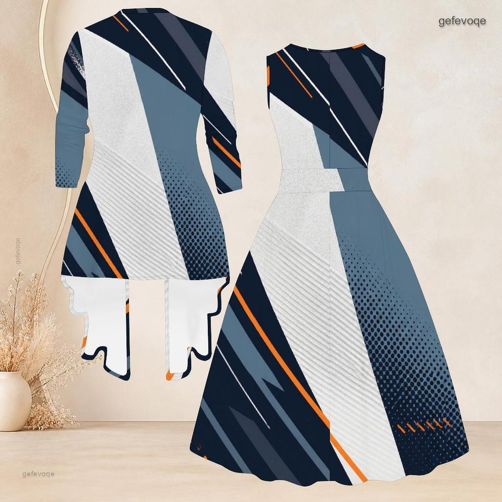 Women Plus Size Geometric Printed Two Piece Set Round Neck Sleeveless Tie Waist Flared Dress 3 4 Sleeve Open Cardigan