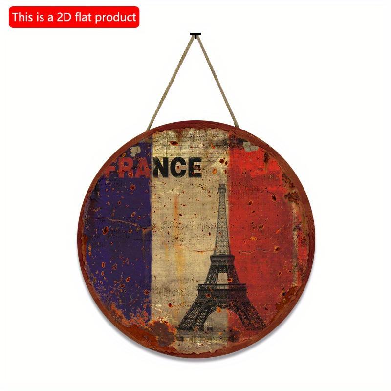 2D flat 20*20cm 1pc French flag&Eiffel Tower print round hanging wood board, Imitation of vintage paint-off style French Home Meditation Room&Housewar