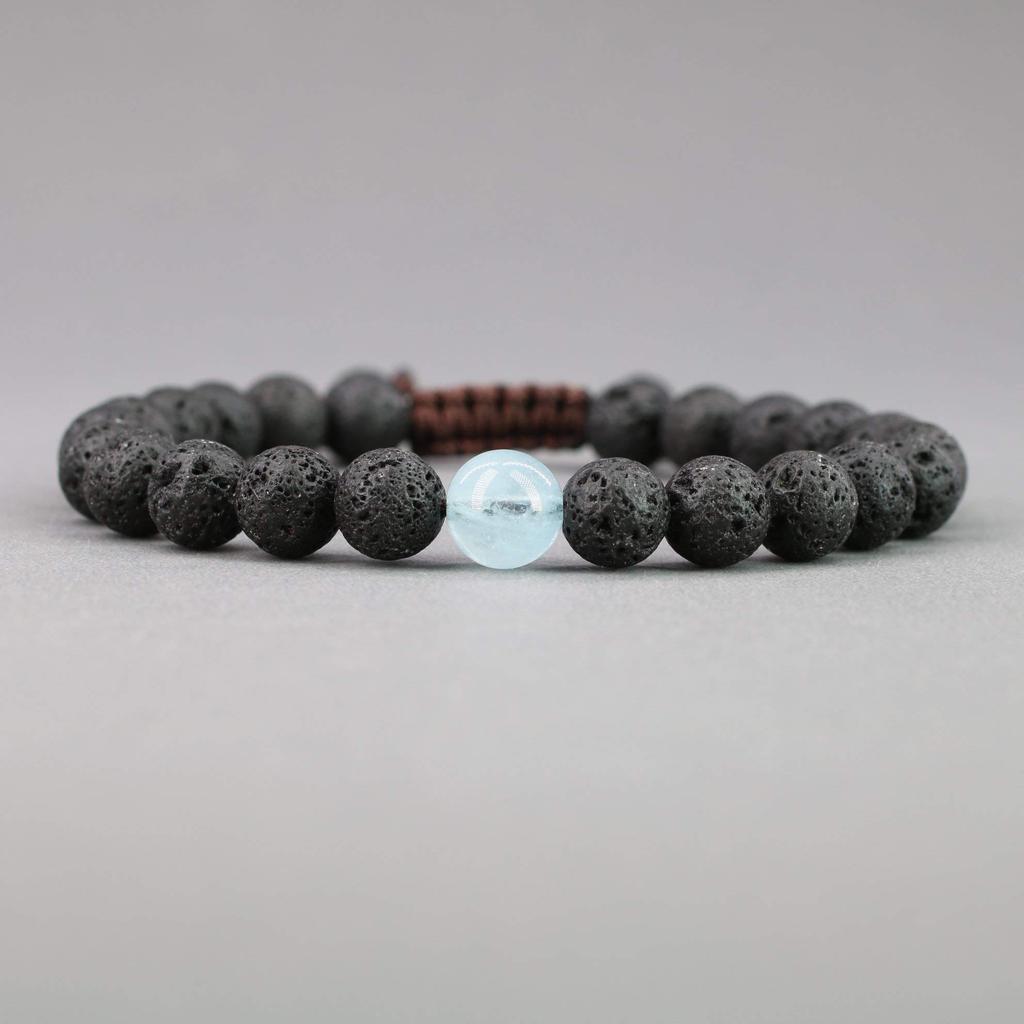 Aquamarine Lava Stone Purification Protection Good Luck Power Stone Bracelet Women Couple Size Set of 2 Adjustable Length [Coai] (March Birthstone)