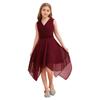 Fließendes einfarbiges Chiffonkleid für Mädchen V-Ausschnitt Ärmellos Asymmetrischer Saum Plissierte Taille Partyauftrittskleid