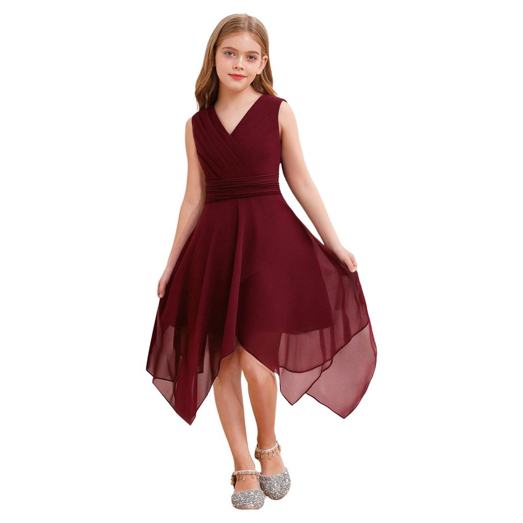 Fließendes einfarbiges Chiffonkleid für Mädchen V-Ausschnitt Ärmellos Asymmetrischer Saum Plissierte Taille Partyauftrittskleid