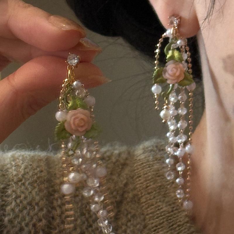 French retro rose pearl fringed earrings women's high-end temperament niche design gentle and elegant long earrings