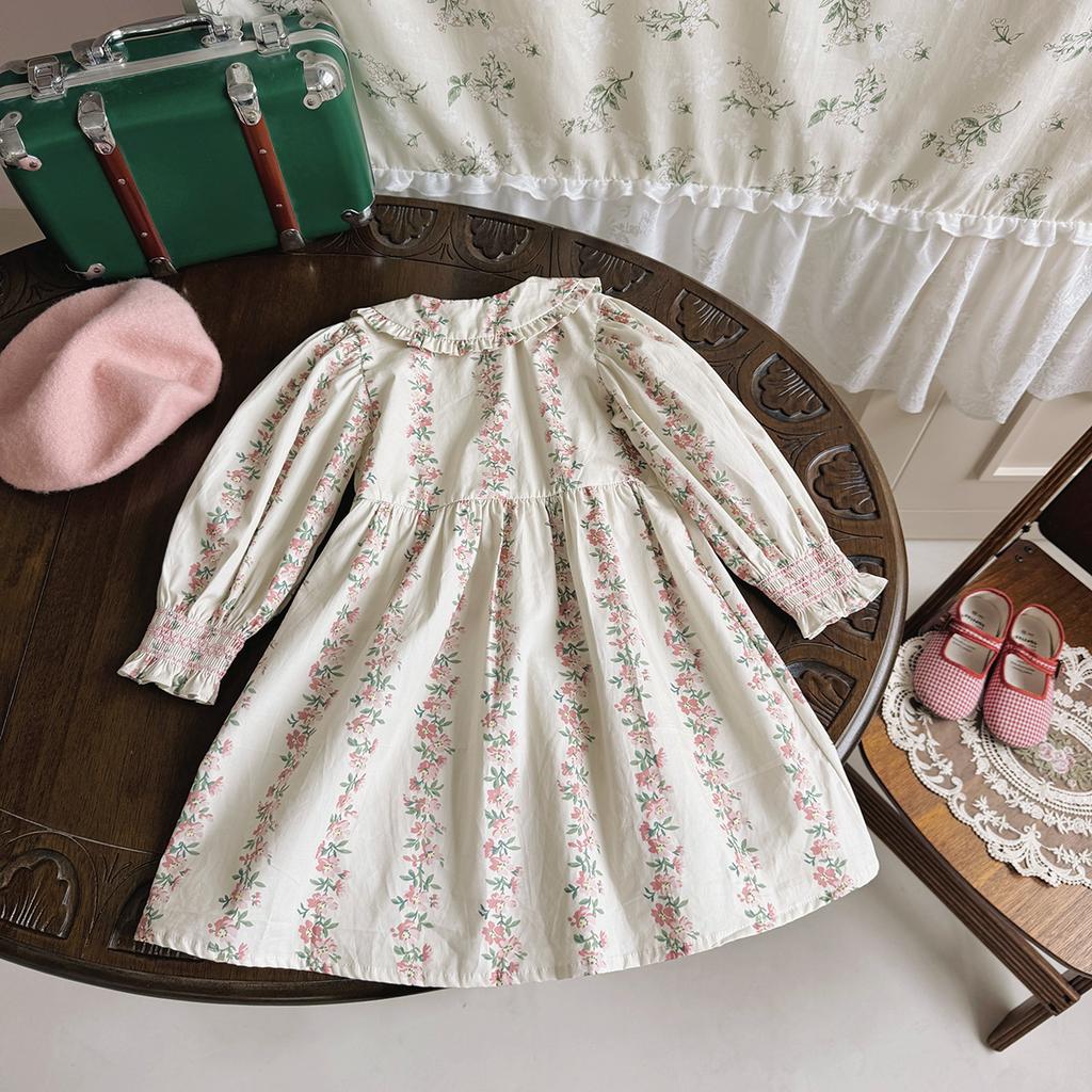 Spring Girls Floral Dress With Peter Pan Collar Hand Smocked Long Sleeve Princess Dress Elegant Children Clothing