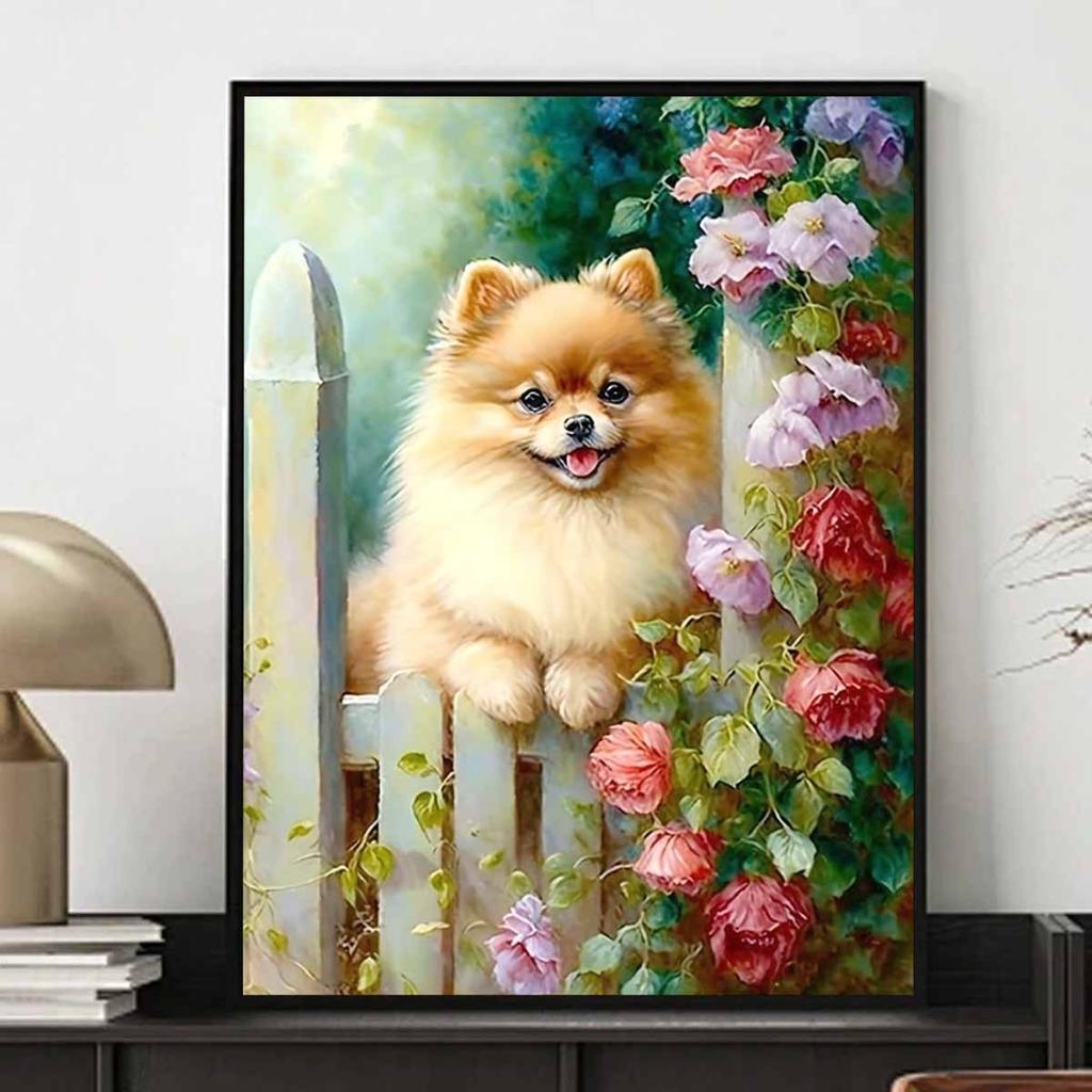 Dog Diamond Art Set, 5D Flower Diamond Embroidery DIY Round Full Diamond Gemstone Crafts for Home Wall Decoration
