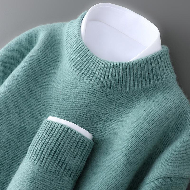 Men's 100% Wool Half-High Neck Loose Knit Sweater - Autumn/Winter Cashmere Pullover