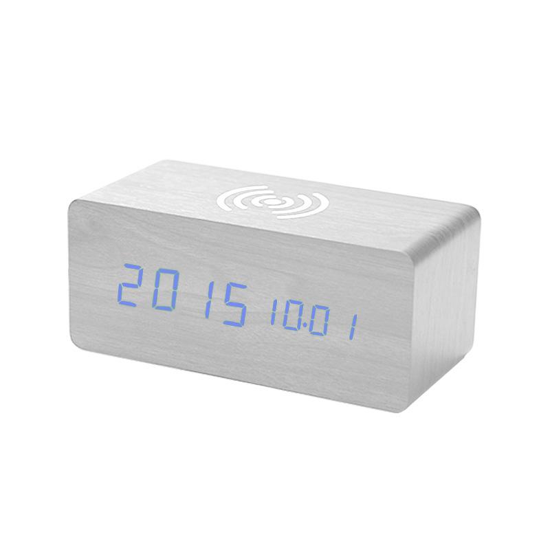 Smart Wooden Desk Clock with Wireless Charging, LED Display, Voice Control, and Silent Alarm